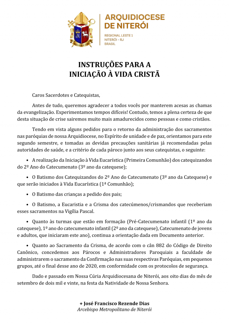 Instrucoes para a Iniciacao a Vida Crista neste periodo de pandemia